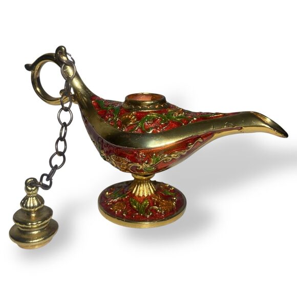 Aladdin Magic Lamp Miniature Brass Enamel Length 4.75" Trinket Holder Home Decor - Picture 3 of 7